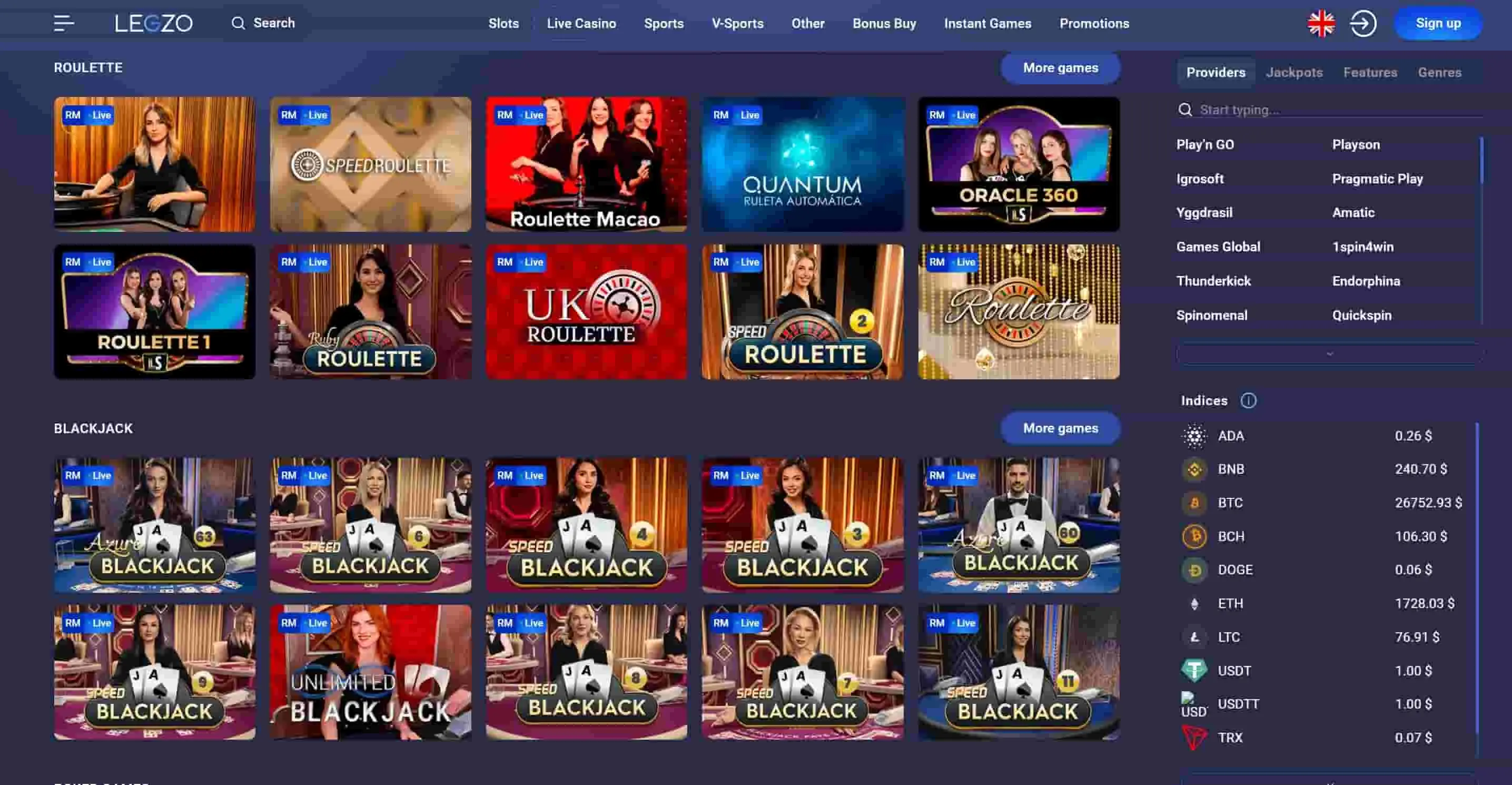 Legzo live casino