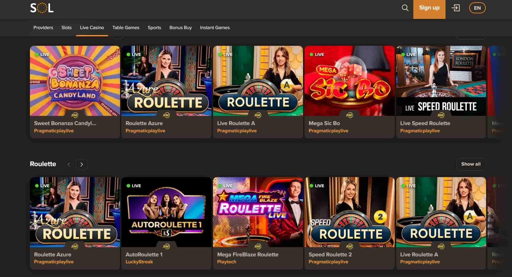 Sol Casino live games