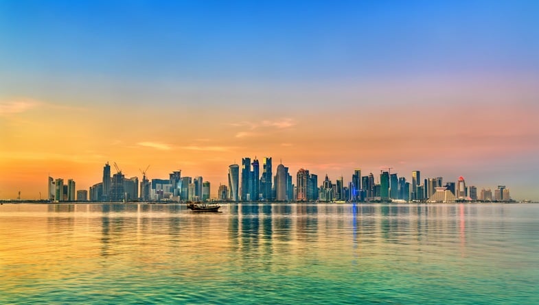 Skyline of Doha at sunset. Qatar, the Middle East.