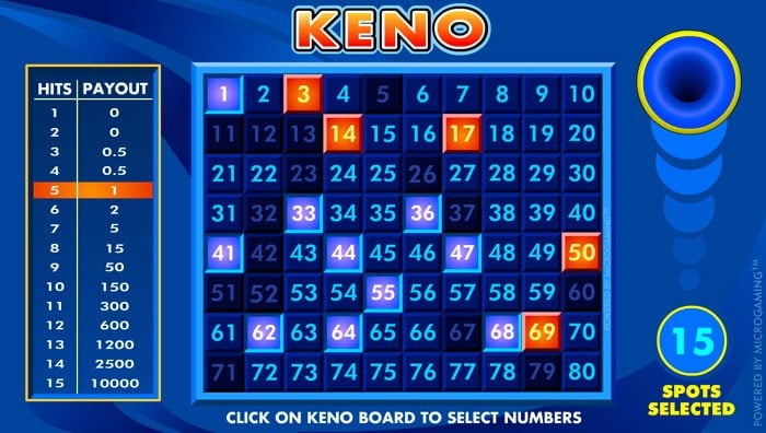 A screenshot of online Keno gameplay