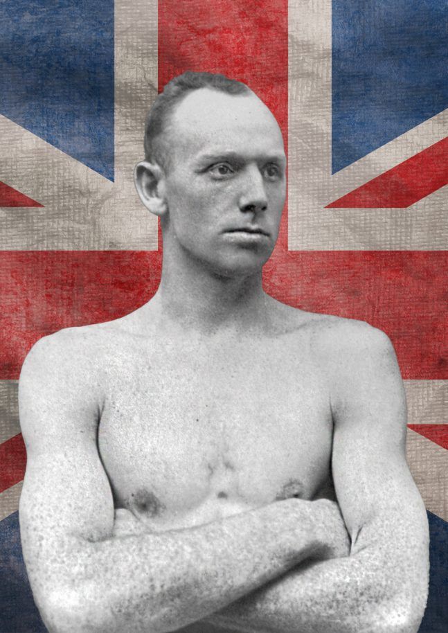 Bob Fitzsimmons against a Union Jack