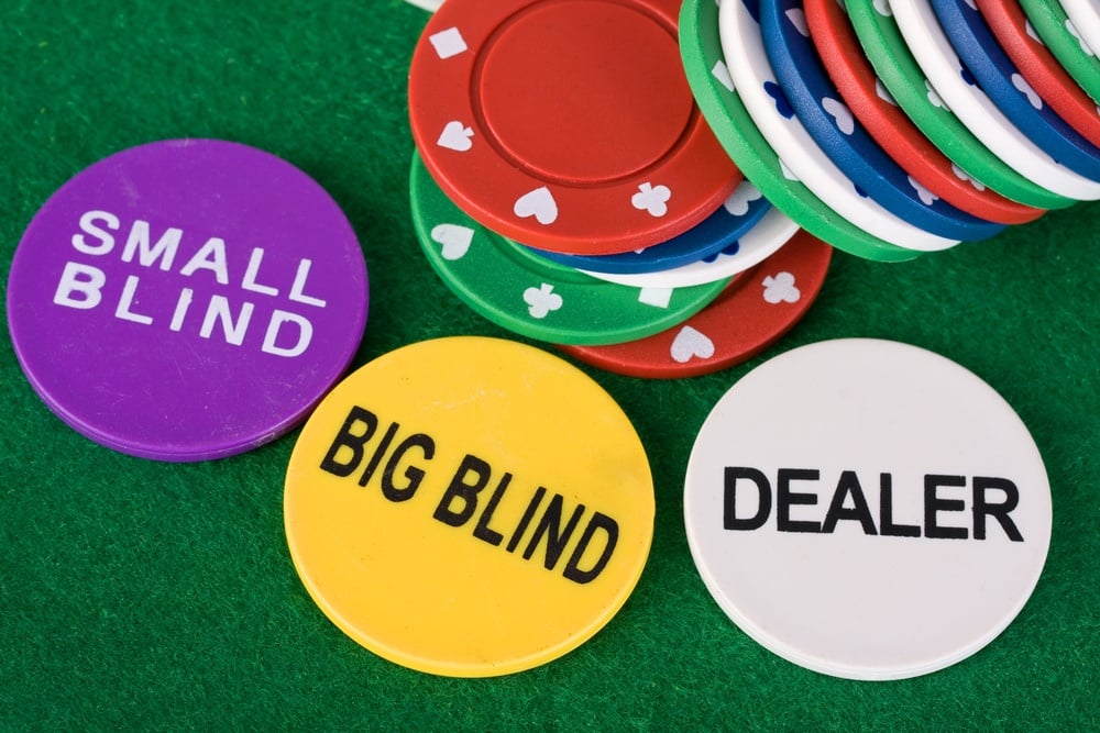 Poker chips showing small blind, big blind and dealer