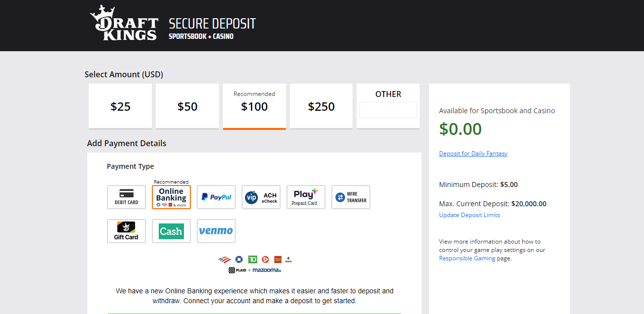 DraftKings Payment options