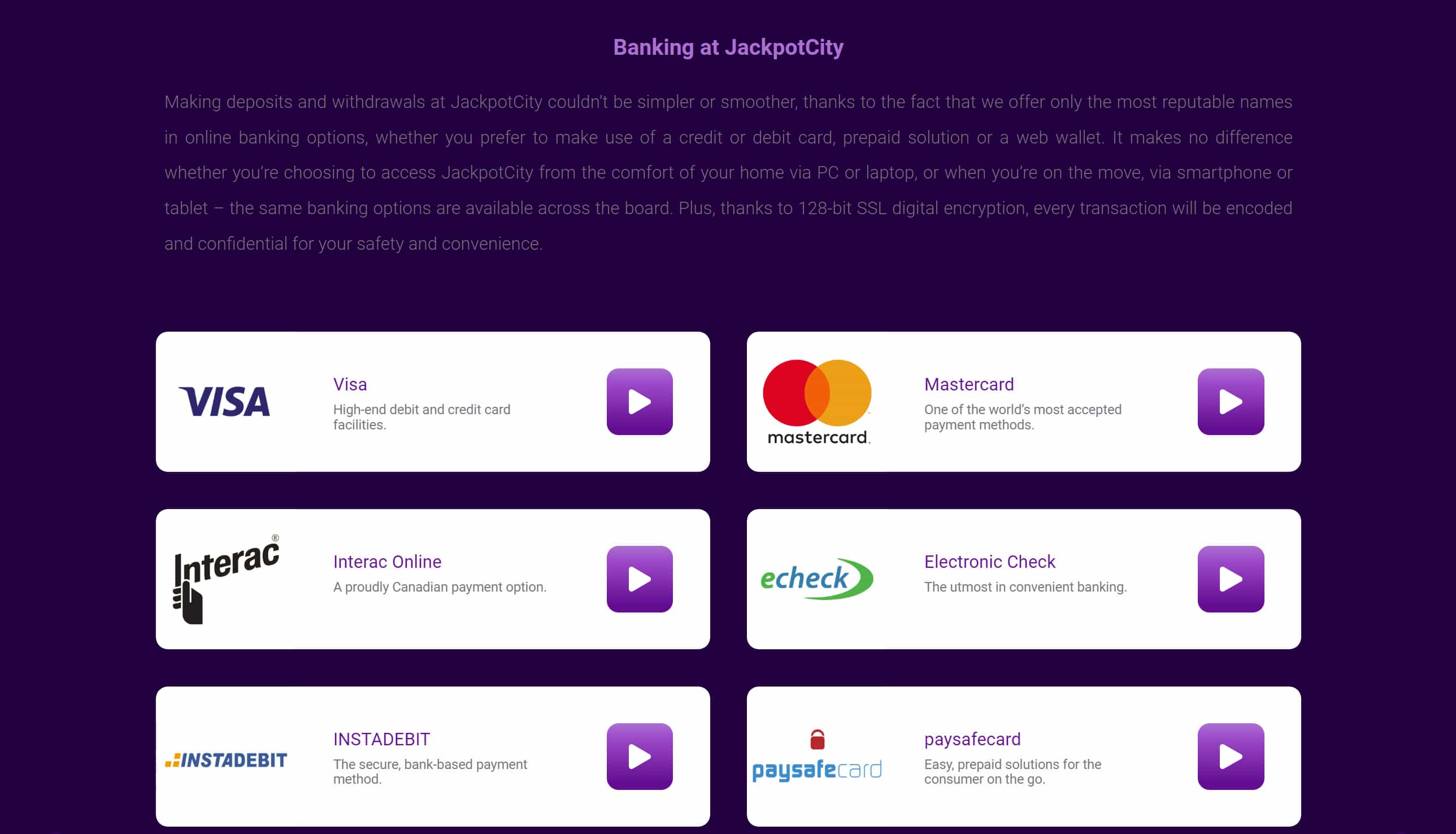 Jackpot City Casino payment methods