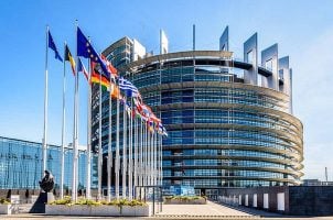 The entrance to the Louise Weiss building of the European Parliament